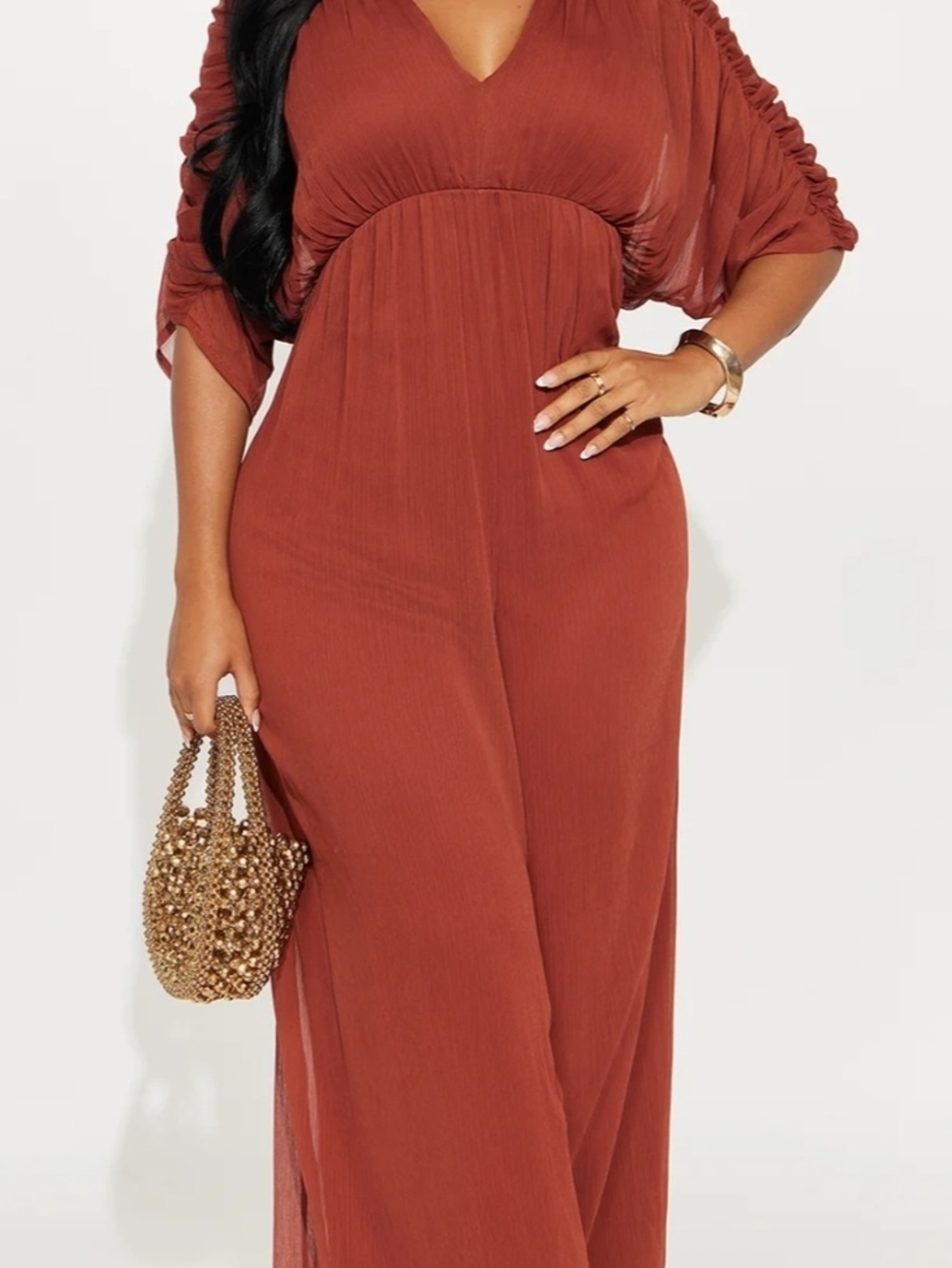 Fashion Nova  -Rust Color V-Neck Wide-Leg Chiffon Jumpsuit In Size Large